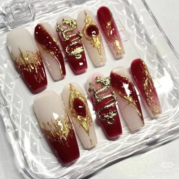 Other - Luxury Red Gold Dragon Press-On Nails Handmade Long Coffin Glam Set B2